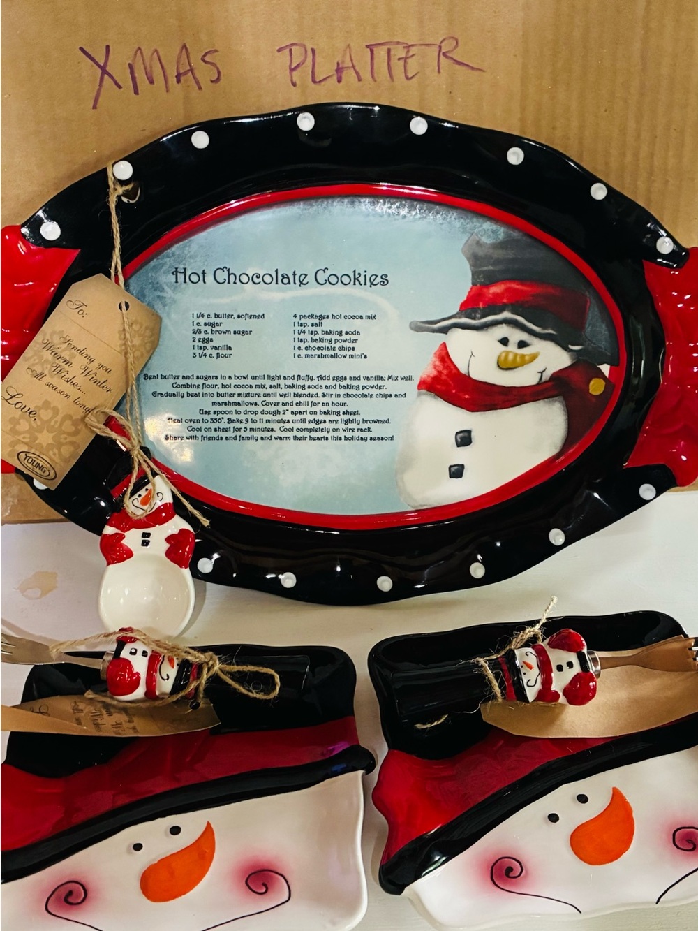 NIB HOLIDAY Snowman Serving Platter, Fork and Dish Set, Recipe Artwork, Tags